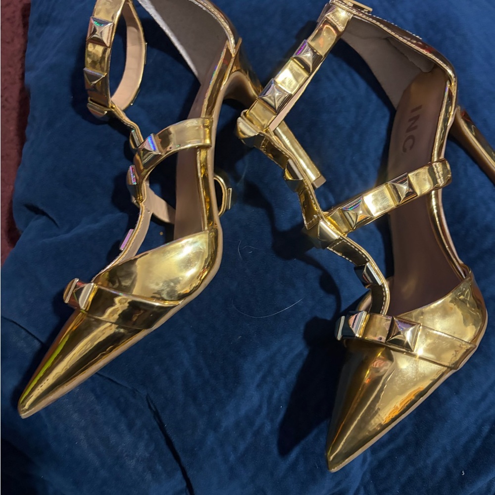 INC International Concepts Gold Pyramid Studded Heels - Picture 6 of 7